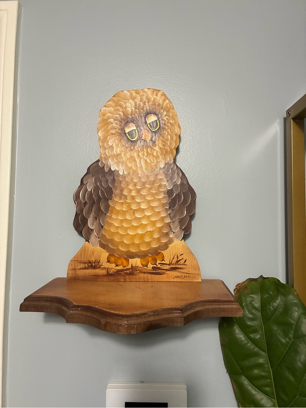 Adorable hand Painted vintage Yellow & Brown Owl Wall shelf/Decor